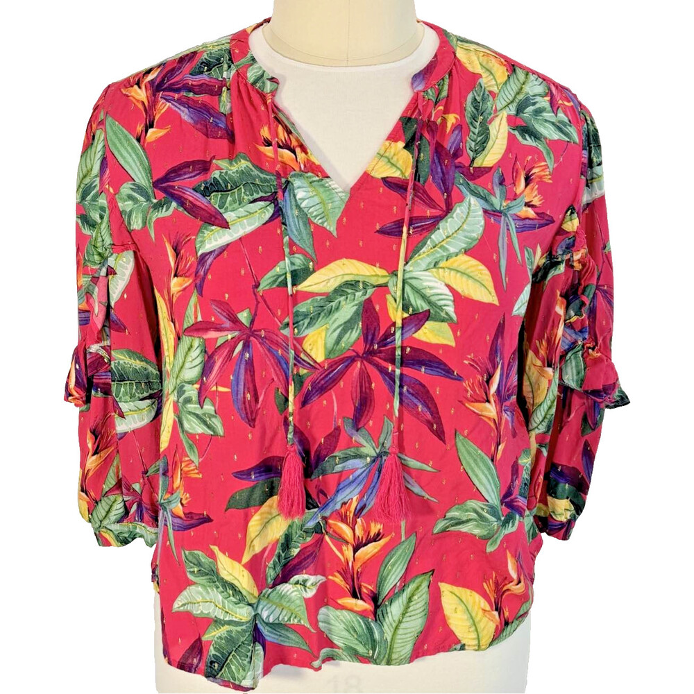 Chico's Women's XL (3) Red Tropical Floral Blouse Gold Speck Ruffle Sleeves